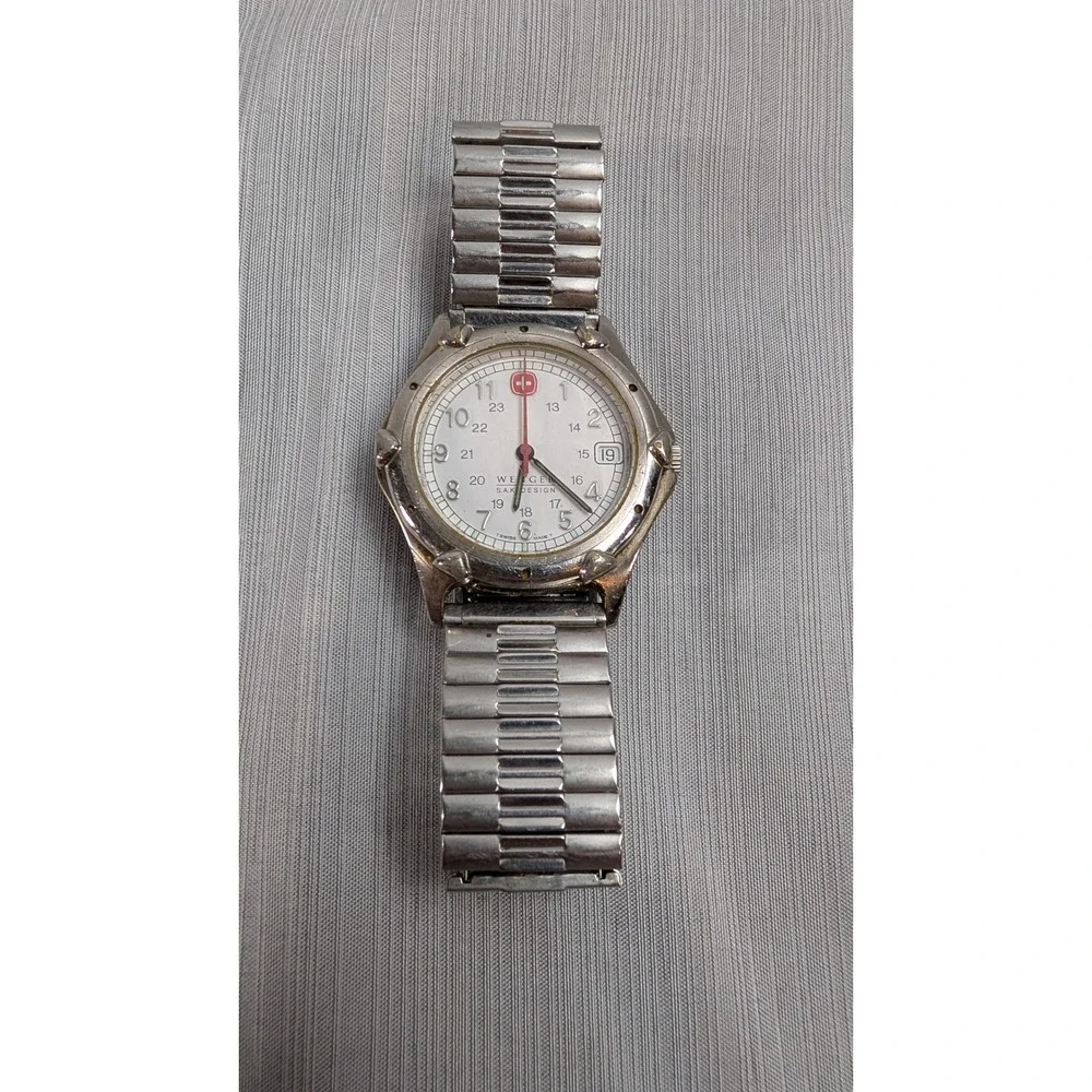 Wenger S.A.K. Design Watch Silver Tone White Dial Speidel Band Swiss Military